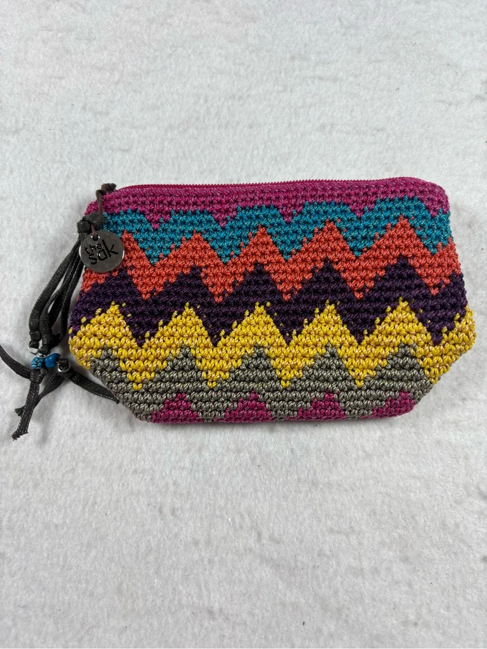 The Sak Colorful Crochet Zip Pouch Cosmetic Bag Boho Small Multi Color